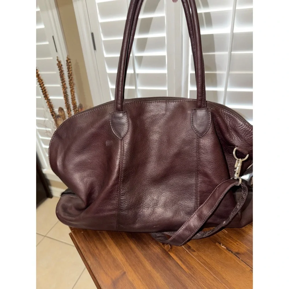 Burgundy Leather and Faux Fur Tote Duffel Bag with Detachable Shoulder Strap